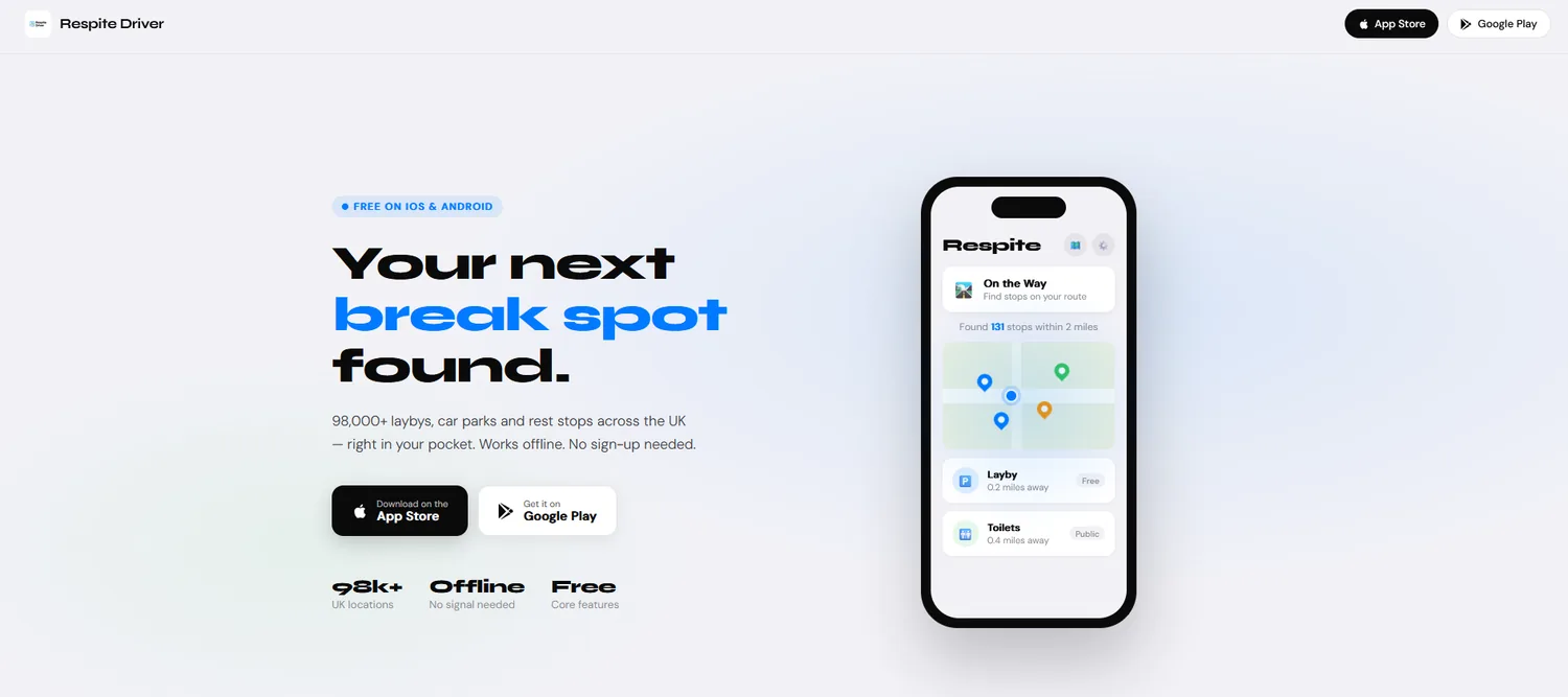 Respite Driver app landing page